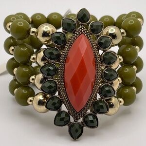 Vintage Red and Jaded Embellishment on Pistachio and Gold Beaded Bracelet